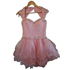 Clarisse Semi Formal Dress 11/12 Beaded Bling Ruffled Lace Pink Flirty Fancy